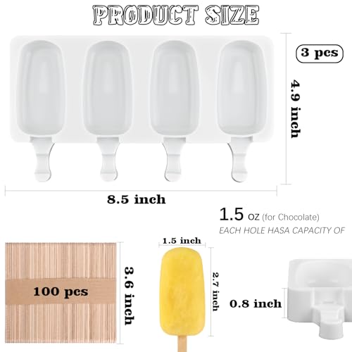 Sakolla 3 Pcs 4 Cavity Mini Popsicle Silicone Molds with 100 Wooden Sticks - size: 3 Pcs Mini - White