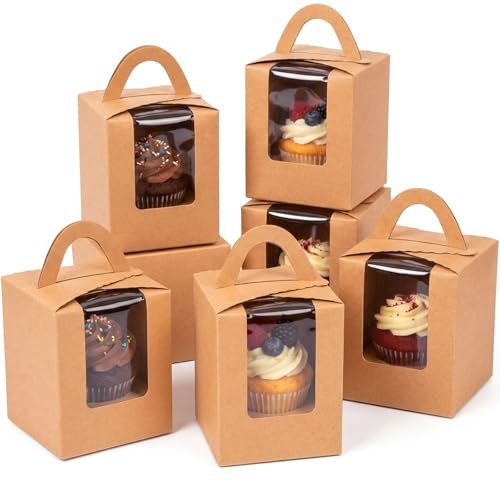 qiqee 100pcs Auto Pop-up Cupcake Containers Individual Brown Cupcake Holders Disposable Kraft Single Cupcake Boxes with Window 3.7"x3.7"x4.5" Cupcake Boxes - color: Brown, size: 100Pcs, One Holder