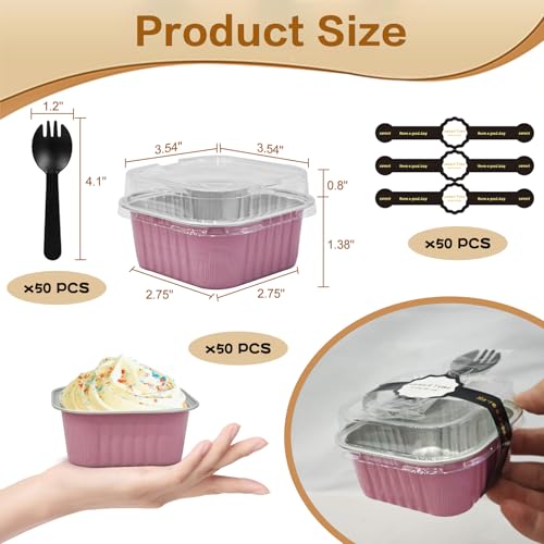 Mini Cake Pans With Lids 5oz, 50 Pack Mini Loaf Pans with Lids, Aluminum Foil Baking Cups, Disposable Square Brownie Baking Cupcake, Dessert Cups for Wedding, Birthday, Party, Picnics (Pink) - color: Pink, size: 5oz