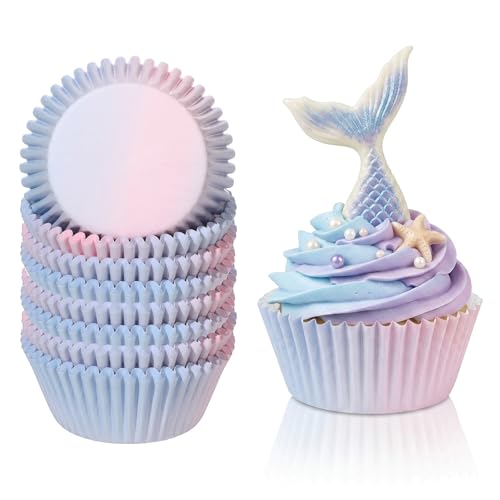 200PCS Gradient Cupcake Liners Blue Pink Ombre Paper Baking Cups Mermaid Themed Muffin Cupcake Wrappers for Bridal Shower Wedding Baby Shower Gender Reveal Birthday Party Cake Decor - style: 200 Counts