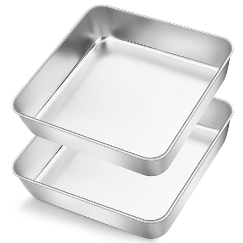 Herogo 8"x 8" Square Cake Pan, Stainless Steel Baking Pan Set of 2 - color: Silver, size: 8" x 8" x 2"