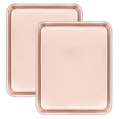 11" x 9" Baking Pans, Cookie Sheets Set of 2, Nonstick Toaster Oven Pan Set for Baking, Heavy Duty Carbon Steel Non-toxic Oven Replacement Cookie Tray for Kitchen Bakery, Gold - size: 11" X 9" X 1" (Fixed Bottom)