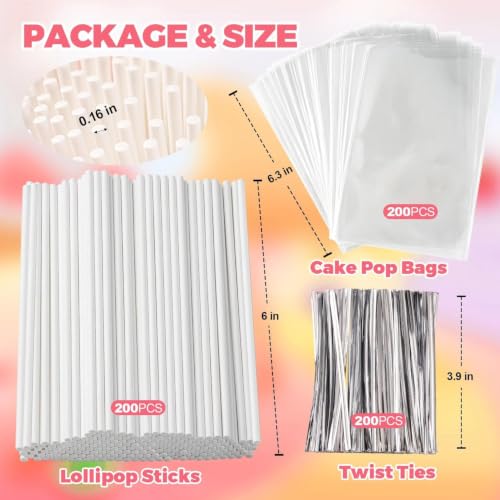 600Pcs Lollipop Stick, 6IN Cake Pop Sticks with Clear Treat Bags & Silvery Twist Ties, Cake Pops Making Tools for Lollipops, Candies, Chocolates Cookies - color: Silvery 600Pcs