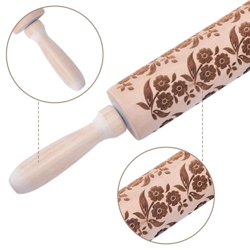 Embossed Wooden Rolling Pin Flower Leaves Print 35cm Rolling Pin for Baking Biscuits 3D Pattern DIY Kitchen Tool Baking Accessories Homemade Bakery Pastry Cookie Fondant Dough Pizza