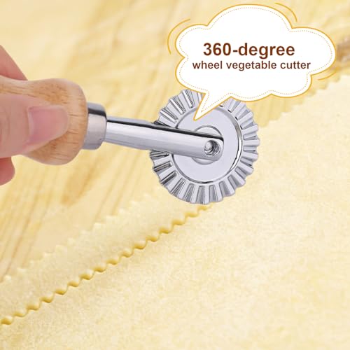 2pcs Fluted Pastry Cutter Wheels, Zinc Alloy Short Ravioli & Pasta Crimper Cutter with Wooden Handle Dough Roller Cracker Maker Tool for Home Kitchen Pizza Cookies Pie Crust Dumplings