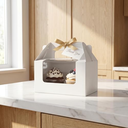 60 Pack 2 Count White Paper Cupcake Boxes with Insert, Handle and Window, Portable Cupcake Muffin Containers, Gable Bakery Gift Boxes Party Favor Treat Boxes for Wedding Birthday