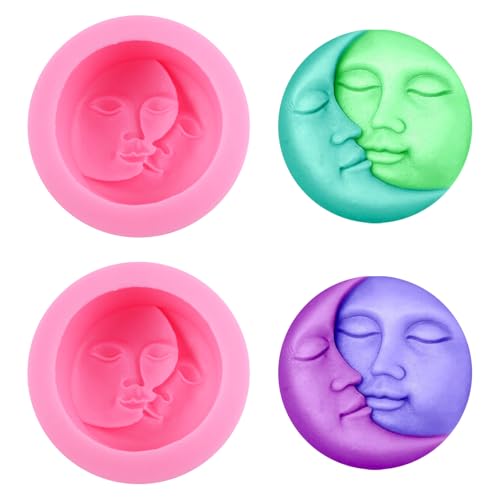 Sun and Moon Silicone Soap Mold 2Pcs Crescent Moon Face Silicone Soap Mold Bath Bomb Molds for Homemade Lotion Bar Polymer Clay DIY Candle Resin Making Wax Candy Chocolate - color: Pink