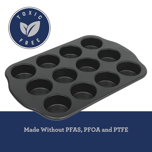 Oster Teston 12-Cup Muffin Pan, Nonstick Carbon Steel Cupcake Baking Tray, Matte Black, PFAS-Free, Easy Release, Oven-Safe Bakeware - color: Matte Black, size: 12-Cup Muffin Pan