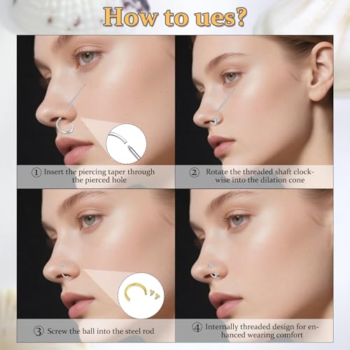 20g 16g 18g Piercing Taper Internal Threaded Piercing Taper Insertion Threader Tool Threadless Jewelry Changing Tool Horseshoe Nose Ring Labret Earring Studs Applicator Piercing Ball Grabber - color: D2 - Horseshoe ear nose ring + tool -gold