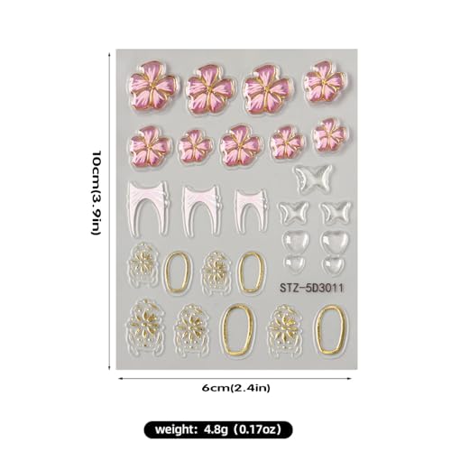 Stickers para Uñas Nail Stickers Self-Adhesive Sticker Gold Pink 3D Flower Embossed Calcomanías para Uñas Colorful Floral Art Design Accessories Hight Quality 3 Sheets - color: 3d Flower Style10