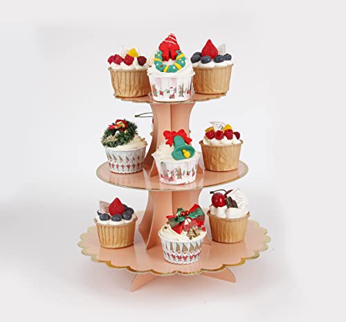 YLDW Cupcake Stand with Lace Trim, 3-Tier Cupcake Stand Display, Cardboard Cup Cake Tower Stand, Disposable Dessert Stand for Birthday Tea Party Baby Shower Treat Decorations, Orange Pink - color: Orange Pink