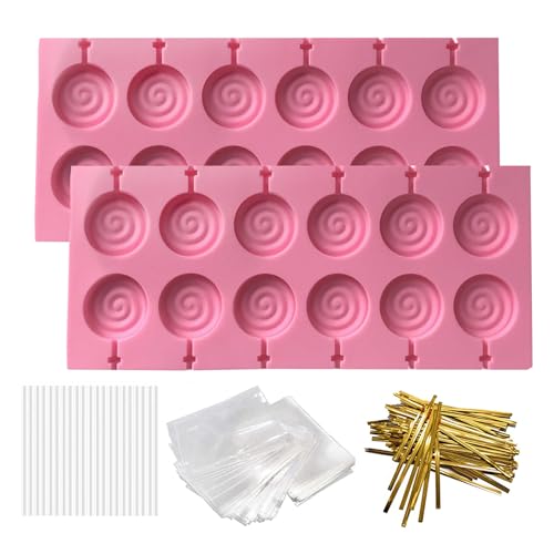 12 Capacity Silicone Lollipop Molds,Hard Candy Chocolate Sucker Mold with 2pcs 3.15 inch Lollypop Sucker Sticks,Candy Treat Bags,Gold Ties - color: 2PCS