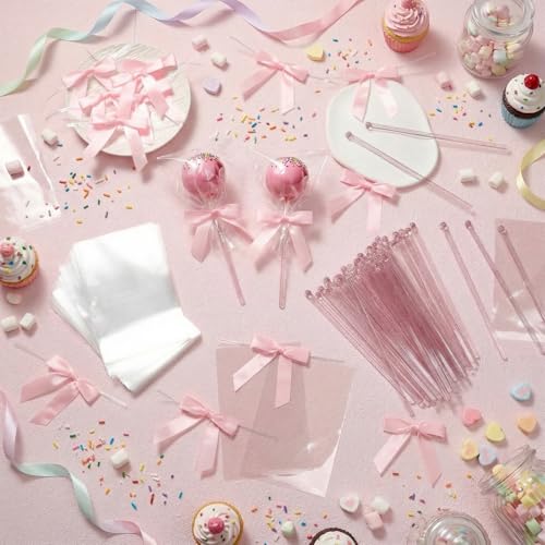 LemonRoad 320 Pcs Cake Pop Sticks and Wrappers Kit Treat Bags with Sticks Glitter Bows and Twist Ties for Mothers Day Lollipops Candies Chocolates Cookies Wedding Baby Shower Party Favor(Pink) - color: Pink