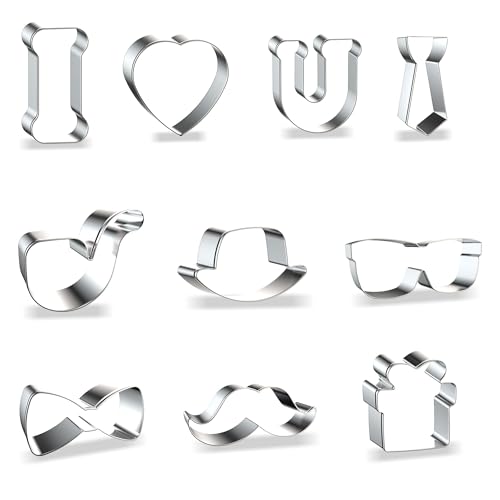 ZADE Fathers Day Cookie Cutters,10PCS Metal Cookie Cutters- Father Birthday Cookie Molds with Bow Tie, Mustache, Necktie, Formal Hat, Blazer, Glasses/Sunglasses Shapes for Holiday Treats - color: Father cookie cutter Set