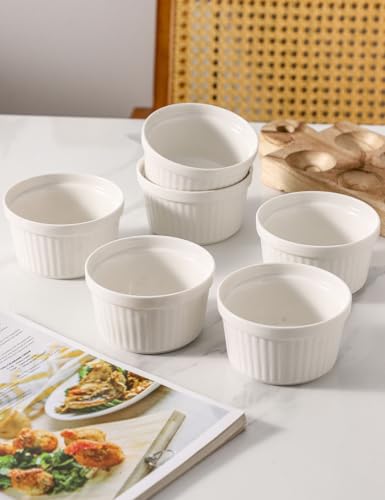8 oz Ramekins Oven Safe Set of 6, Souffle Dish Baking Bowls, Custard Dessert Cups for Pudding Yogurt Ice Cream, Ceramic Ramiken Bowl, White - color: White