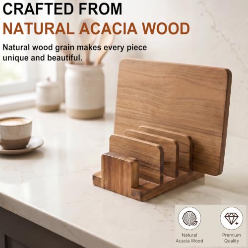 Acacia Wood Cutting Board Holder, 4-Slot Cutting Boards Organizer Storage Rack for Countertop, Wooden Stand for Cutting Boards, Pots, Pans, Lids & Trays | Ideal Housewarming Gift