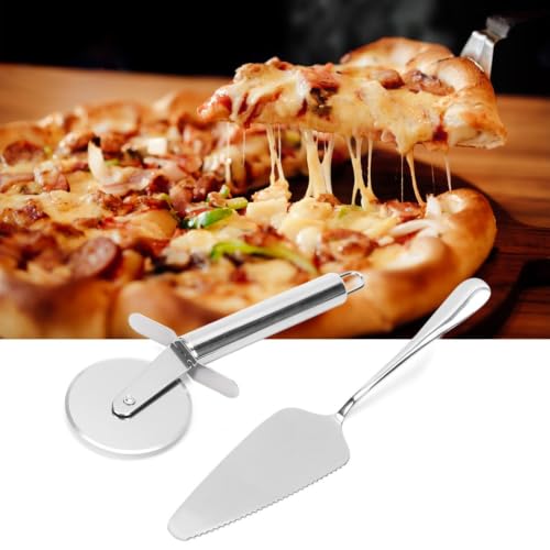 2Pcs Stainless Steel Pizza Cutter Wheel and Serving Spatula Set, Silver Kitchen Baking Pastry Cutting Tools for Pizza