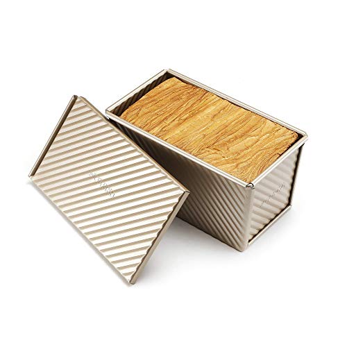 monfish Pullman Loaf Pan w Cover Bread Toast Mold corrugated loaf Pan w lid 1lb dough Alluminumed Steel Non Stick Gold (8.5X4.75X4.375INCH) - size: 8.35x4.8x4.5 inch