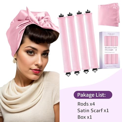 Heatless Curls Overnight Hair Curlers - 4 Pcs No-Heat Curling Rod to Sleep In,Velvet Hair Rollers with Satin Wrap - color: Pink(Pack of 4)