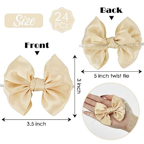 AIMUDI Champagne Satin Ribbon Twist Tie Bows for Treat Bags & Crafts - 3.5" Wedding & Bridal Shower Decor - 24 Counts - color: Champagne