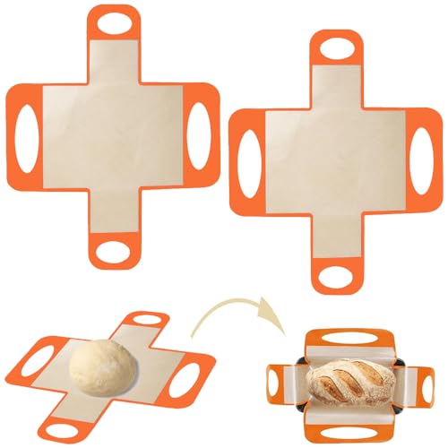 Silicone Bread Sling Mat - Reusable Sourdough Bread Making Loaf Pan Lifter Liner Non-stick & Easy Clean Dough Transfer Mats with 4 Handles Fits for 9x5" or 1.5lb Loaf Pans-Orange - color: 2Pcs Orange