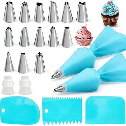 21pcs Cake Decorating Kit – Reusable Silicone Bags & 16 Piping Tips Set-BLUE