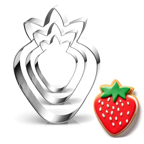3 Pc Strawberry Cookie Cutter Set, 3.5" 2.5" 1.5", Dishwasher-Safe