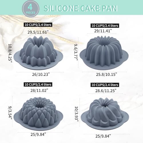 Tongjude 4 Pieces Silicone Cake Pan, Nonstick Silicone Cake Molds, Food Grade Silicone Bakeware for Jello, Cake, Pound Cake, Gelatin, Brownie and Bread, 10 Cups, Grey - size: 4pcs waterfall cake pan(10 Cups)