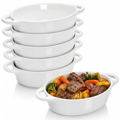 Foraineam 6-Pack Oval Porcelain Ramekins, 10 Ounce Ceramic Creme Brulee Souffle Baking Ramekin Dishes Bowl with Double Handles, Dishwasher and Oven Safe