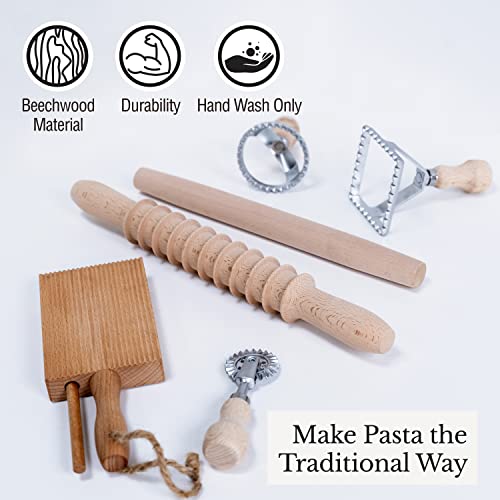 Complete 6 Pcs Pasta Making Tool Set Includes Two Ravioli Stamp Maker Cutter And Roller Wheel Set, Two Pasta Rolling Pins, Gnocchi Board By Cotswold Homeware Co - style: Complete - 6 piece