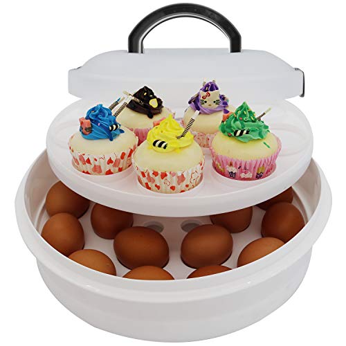 Portable Pie Cupcake Carrier with Lid and Tray 3-In-1 Round Cupcake Container Egg Holder Deviled Egg Tray Muffin Tart Cookie Food Keeper 10 Inch