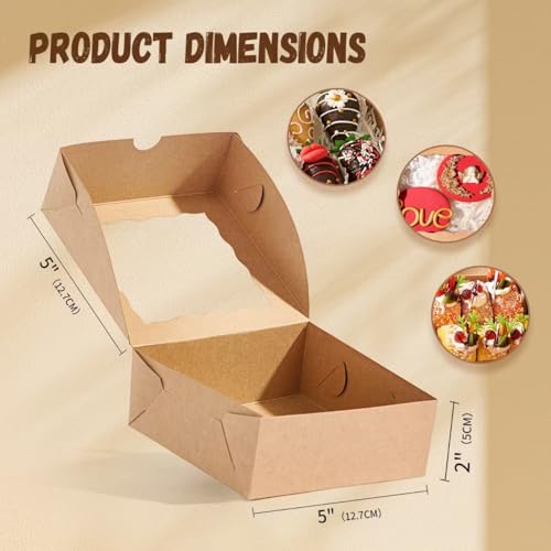 50 Pcs Bakery Boxes - 5x5x2 Inch with Window - Cookies, Mini Cakes, Chocolate Covered Strawberries, Macarons, Pies & Brownie Boxes - color: Brown