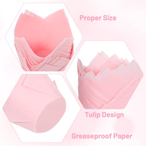 Pink Tulip Cupcake Liners 50PCS, Muffin Greaseproof paper Baking Cupcake Cups, Natural Tulip Baking Cup Case for Birthday Wedding Party Baby Showers Catering Restaurants