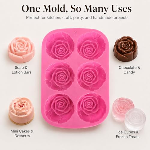 2 Pack Rose Silicone Molds, 6-Cavity Flower Soap Molds for Chocolate, Candy, Cake, Jelly, Pudding, Ice Cubes, Lotion Bars, Candles & Bath Bombs, Pink