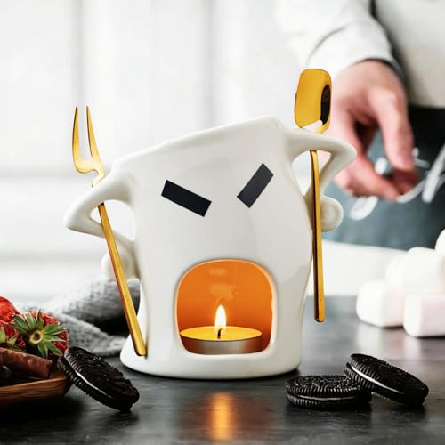 Mini Ceramic Fondue Set: Chocolate Fondue Melting Cup, Cheese Fondue Pot, Candy Mini Fondue Cups with 1 Fork & 1 Scoop - Food-Safe Gift for Parties, Gifts, Cozy Nights (White) - color: White