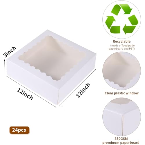 24 pcs White Pie Boxes,12x12x3 Inch Auto-Popup Bakery Boxes with Window Donuts Chocolate Muffins Donuts Pastry Dessert Cookie Box For Packaging - color: White, size: 12x12x3inch/24pcs