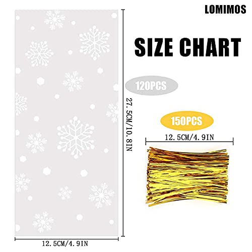 LOMIMOS 120pcs Christmas Cellophane Treat Bags,Clear Plastic Candy Cookie Packing Bags with Twist Ties for Winter Holiday New Year Xmas Party Supplies(Snowflakes) - size: 5x11 Inch (Pack of 120)