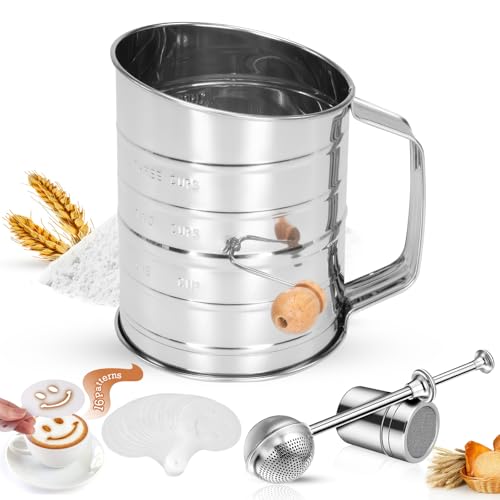 4 in1 Flour Sifter Stainless Steel, 3 Cup Flour Sifter for Baking, Sifter for Baking with Powdered Sugar Duster Set, Flour Shaker Duster for Baking Cakes, Pies, Pastries, Desserts and Cupcakes (3 Cup)