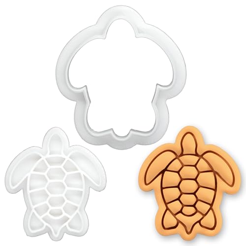 BAKERLOGY Sea Turtle Mini Cookie Cutter and Stamp Set – Ocean Animal Fondant Embosser, Beach Themed Cupcake Topper Mold for Summer Party, Under the Sea Baking & Coastal Treats