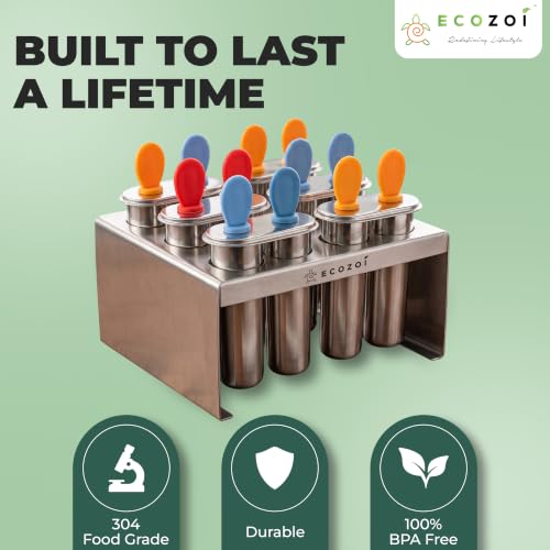 Ecozoi Stainless Steel Popsicle Molds with Rack, 6 Twin Round Ice Pop Makers, 30 Reusable Bamboo Sticks, 24 Silicone Seals, 3 oz, for Kids and Adults - size: Round-6 Twin Molds
