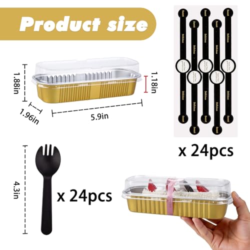 24 Pack Mini Loaf Pans, 7.5oz Mini Cake Pan & Mini Cupcake Pan Set – Disposable Aluminum Baking Pans with Lids, Spoons & Stickers, Premium Sturdy Gift Set for Cakes, Cupcakes, Desserts & Party Treats - color: Gold
