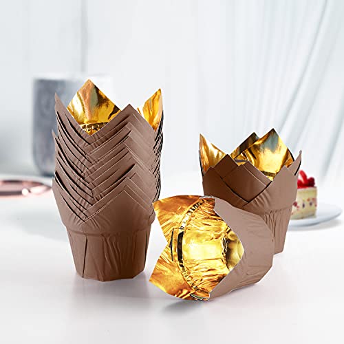 Party Hippo Gold Tulip Cupcake Liners, Baking Paper Cups, Greaseproof Cupcake Wrappers for Muffins, Cupcakes, Wedding, Birthday, Baby Shower (100, Coffee) - color: Coffee
