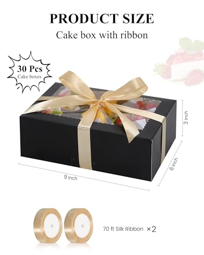 COTOPHER 30Pcs Cookie Boxes with Ribbons, 9x6x3 Inch Black Bakery Boxes - color: Black