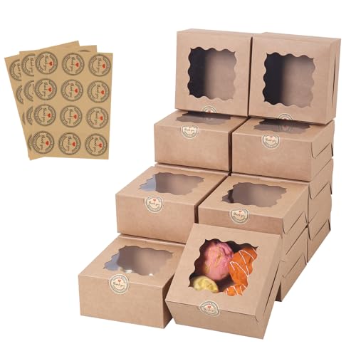 100 pcs 6x6x3 Inches Small Cake Box with Window, Bakery Pastry Cookie Boxes, Mini Pie container for Pastry,Dessert,Strawberries,Chocolates, Cupcakes with paper stickers (Brown) - color: brown/100pcs