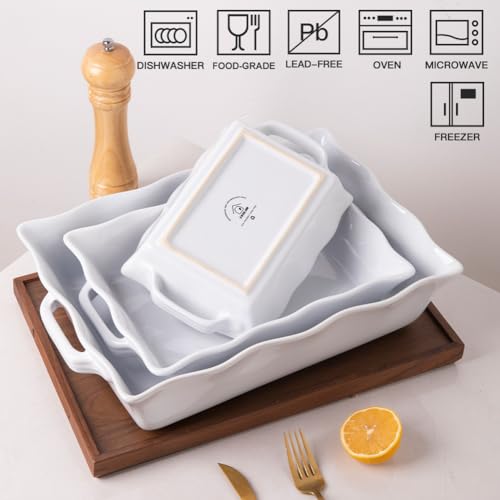 Sweejar Casserole Dishes for Oven, Ceramic Bakeware Set of 3, Rectangular Baking dish with Handles, Wave Edge Lasagna Pan Deep for Cooking, Cake, Dinner, Banquet and Daily Use (White) - color: White New, style: Baking dish(Set of 3)