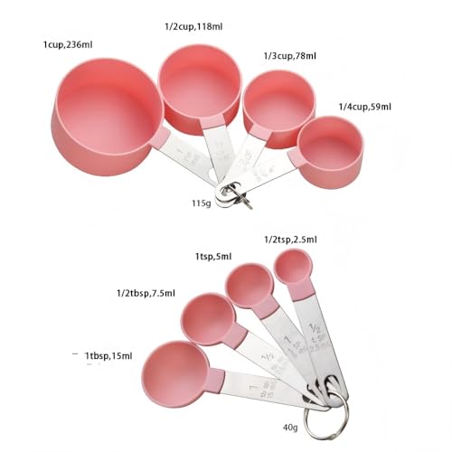8 Pcs Measuring Cups and Spoons Set, Includes 4 Stainless Steel Nesting Measuring Cups & 4 Mini Measuring Spoons,Stackable Handle Accurate Tablespoon for Measuring Dry and Liquid Ingredients(Pink)