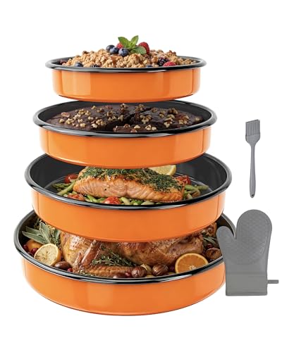 Round Turkey Roasting Pan Set of 4, Enamel Deep Dish Pizza Baking Pan - color: Orange