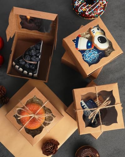 qiqee Brown Bakery Box with Window 4"x4"x2.5" 400Pcs - color: Brown, size: 4" x 4" x 2.5" / 400 Pcs