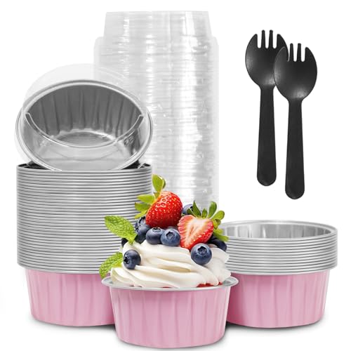 Mother's Day 50Pcs Mini Aluminum Foil Cupcake,5oz Pink Baking Cups with Lid - color: Pink