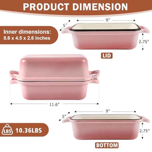 9 x 5 Inch Bread Pan Enameled Cast Iron Loaf Pan with Lid for Baking Pink - color: Pink